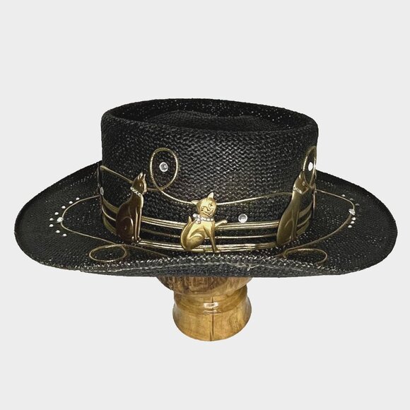 Vintage Black w Gold Cat Lady Stones Bling Boater Straw Hat sz M Dorfman Pacific